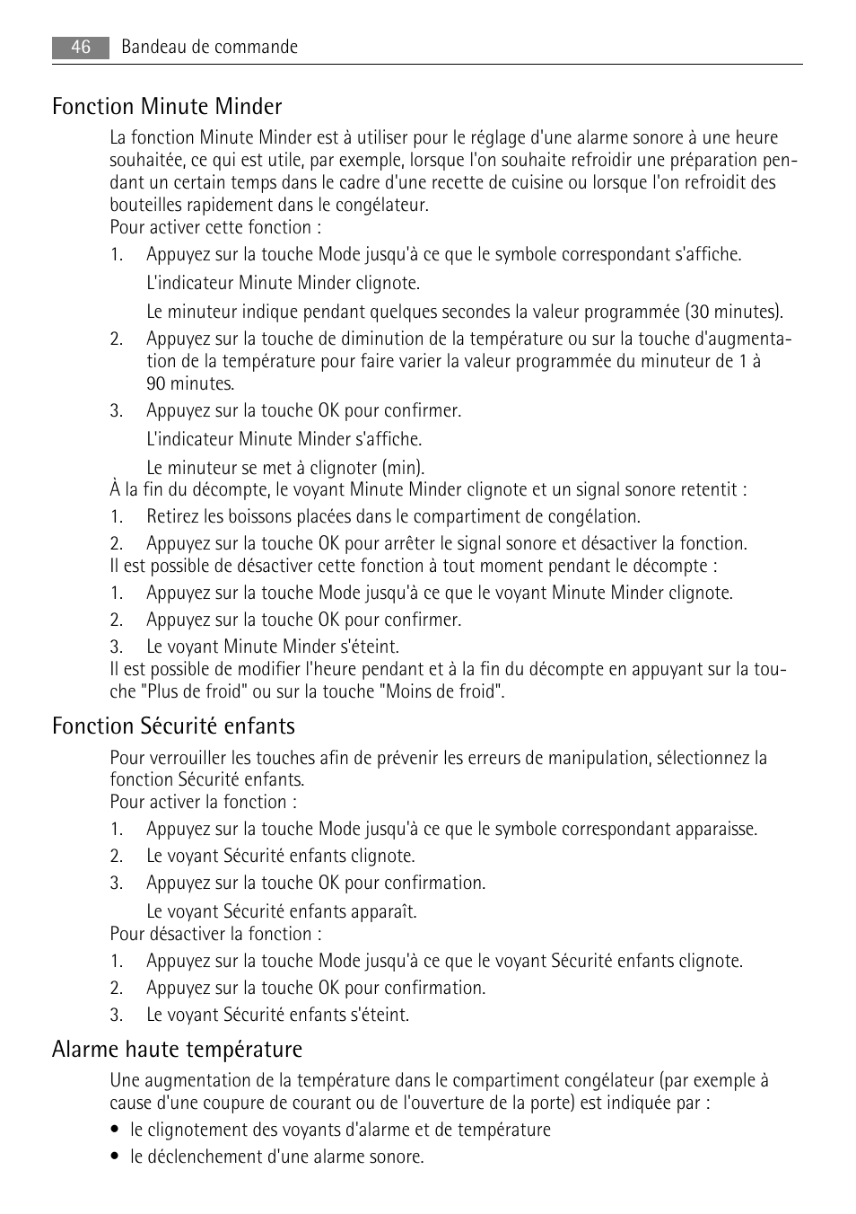 Fonction minute minder, Fonction sécurité enfants, Alarme haute température | AEG A72010GNW0 User Manual | Page 46 / 80