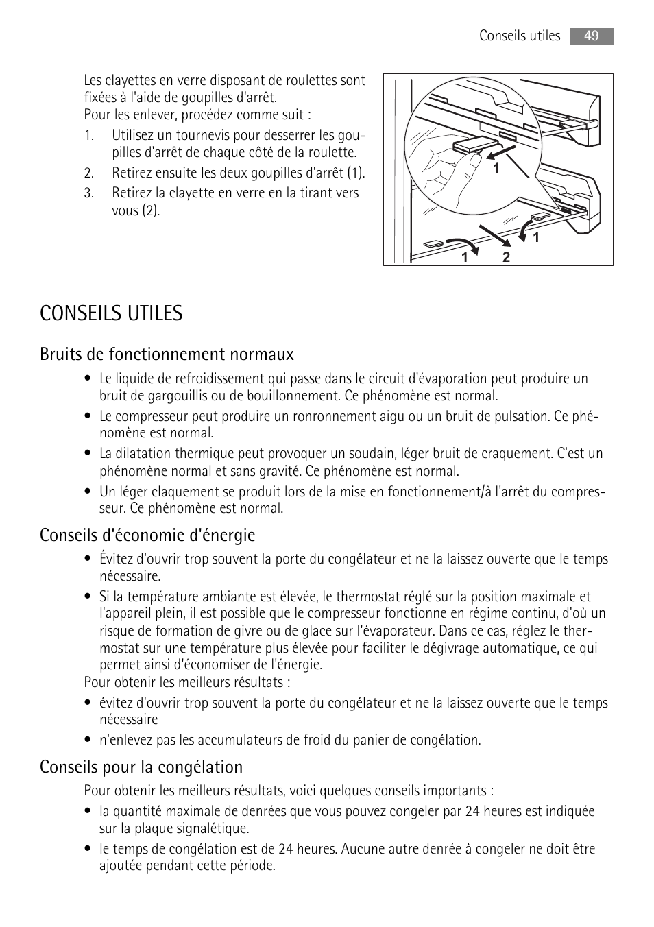Conseils utiles, Bruits de fonctionnement normaux, Conseils d'économie d'énergie | Conseils pour la congélation | AEG A72010GNW0 User Manual | Page 49 / 80