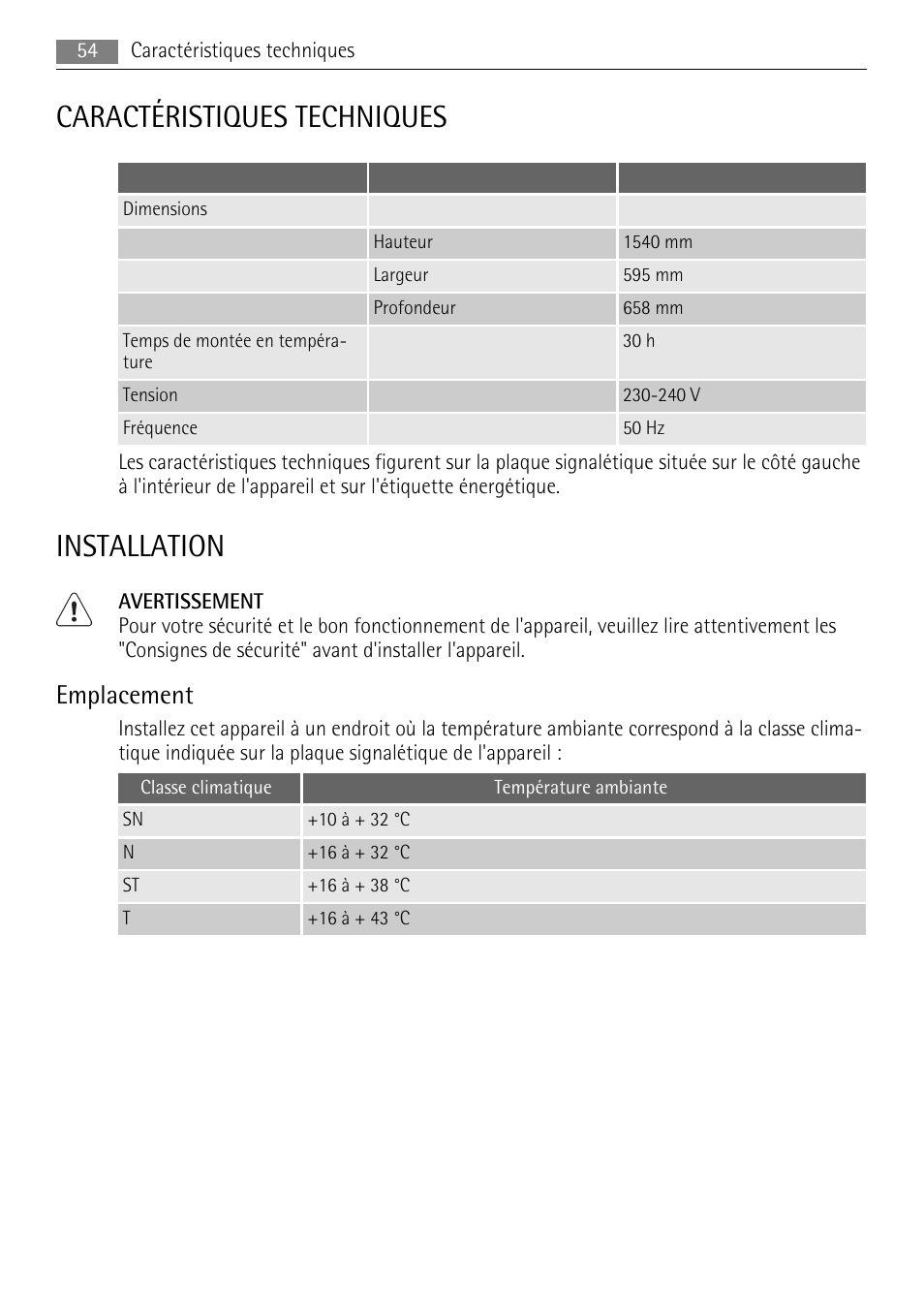 Caractéristiques techniques, Installation, Emplacement | AEG A72010GNW0 User Manual | Page 54 / 80