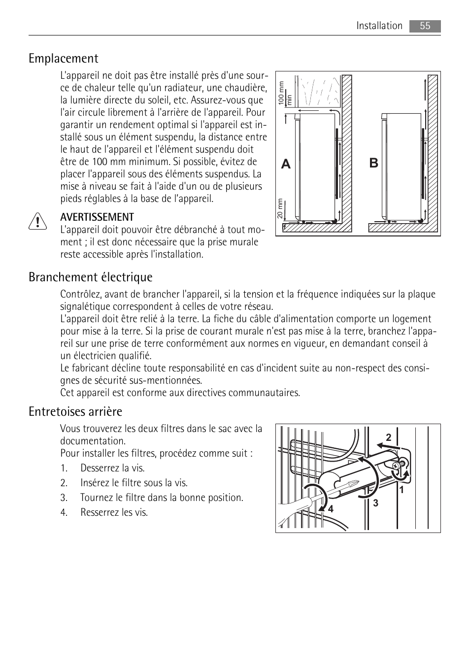 Emplacement, Branchement électrique, Entretoises arrière | AEG A72010GNW0 User Manual | Page 55 / 80