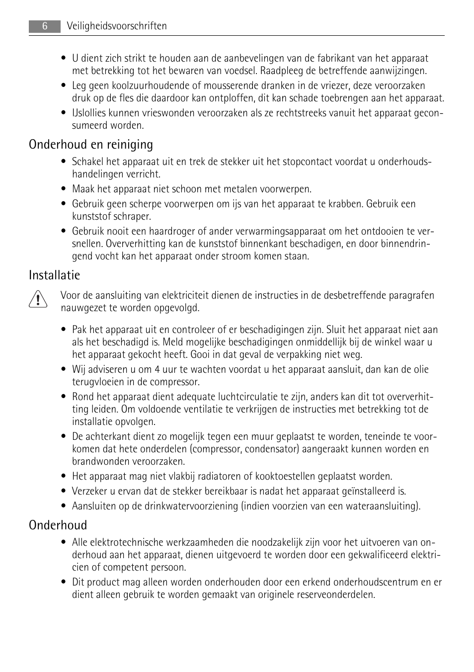 Onderhoud en reiniging, Installatie, Onderhoud | AEG A72010GNW0 User Manual | Page 6 / 80