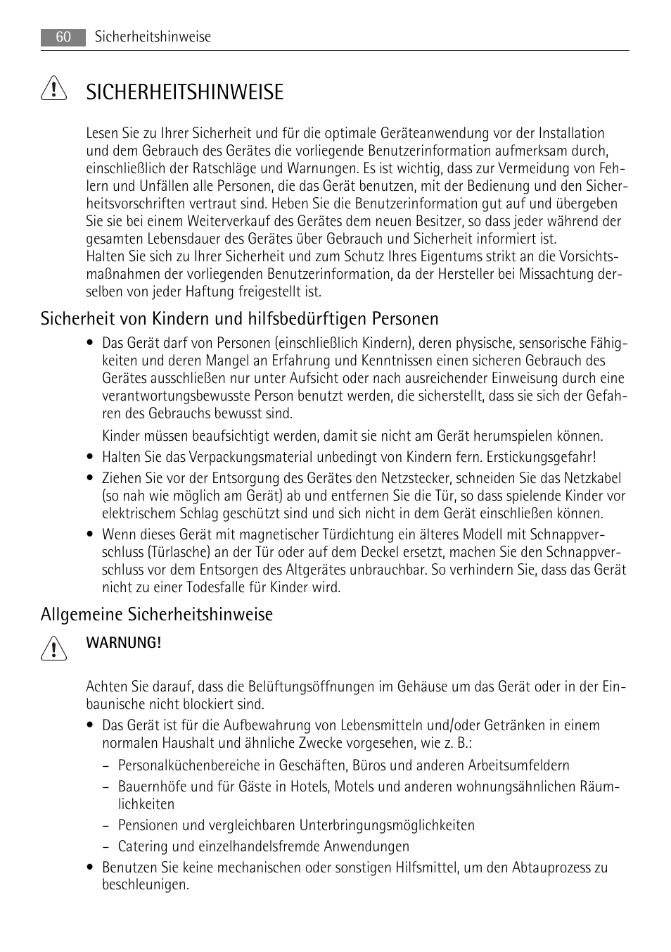 Sicherheitshinweise, Allgemeine sicherheitshinweise | AEG A72010GNW0 User Manual | Page 60 / 80