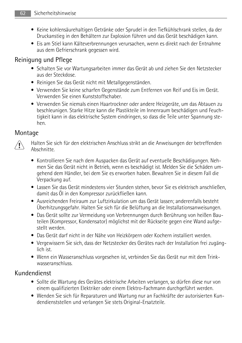 Reinigung und pflege, Montage, Kundendienst | AEG A72010GNW0 User Manual | Page 62 / 80
