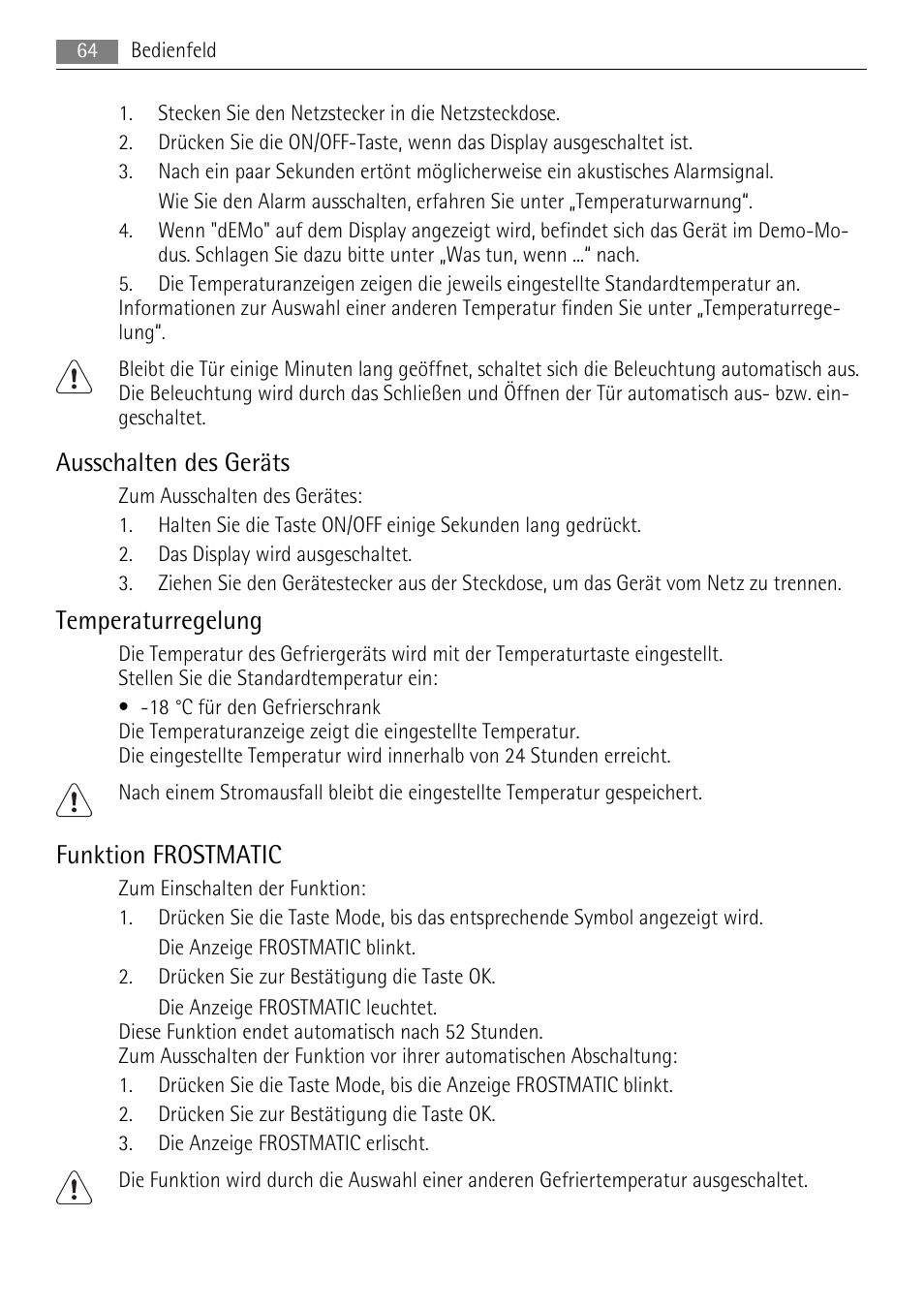 Ausschalten des geräts, Temperaturregelung, Funktion frostmatic | AEG A72010GNW0 User Manual | Page 64 / 80
