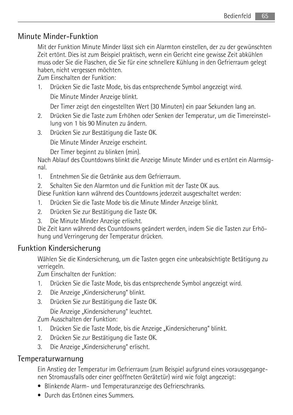 Minute minder-funktion, Funktion kindersicherung, Temperaturwarnung | AEG A72010GNW0 User Manual | Page 65 / 80