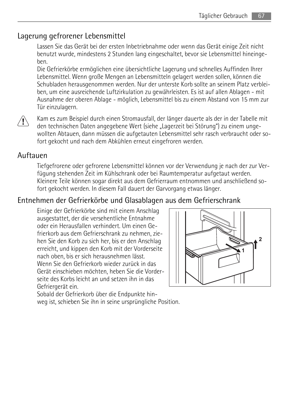 Lagerung gefrorener lebensmittel, Auftauen | AEG A72010GNW0 User Manual | Page 67 / 80