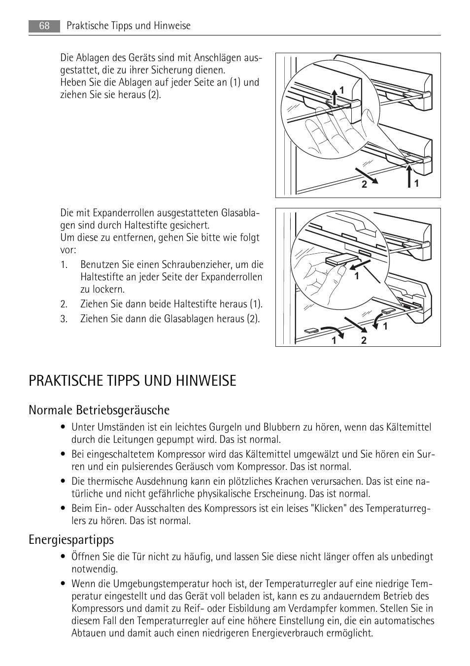 Praktische tipps und hinweise, Normale betriebsgeräusche, Energiespartipps | AEG A72010GNW0 User Manual | Page 68 / 80