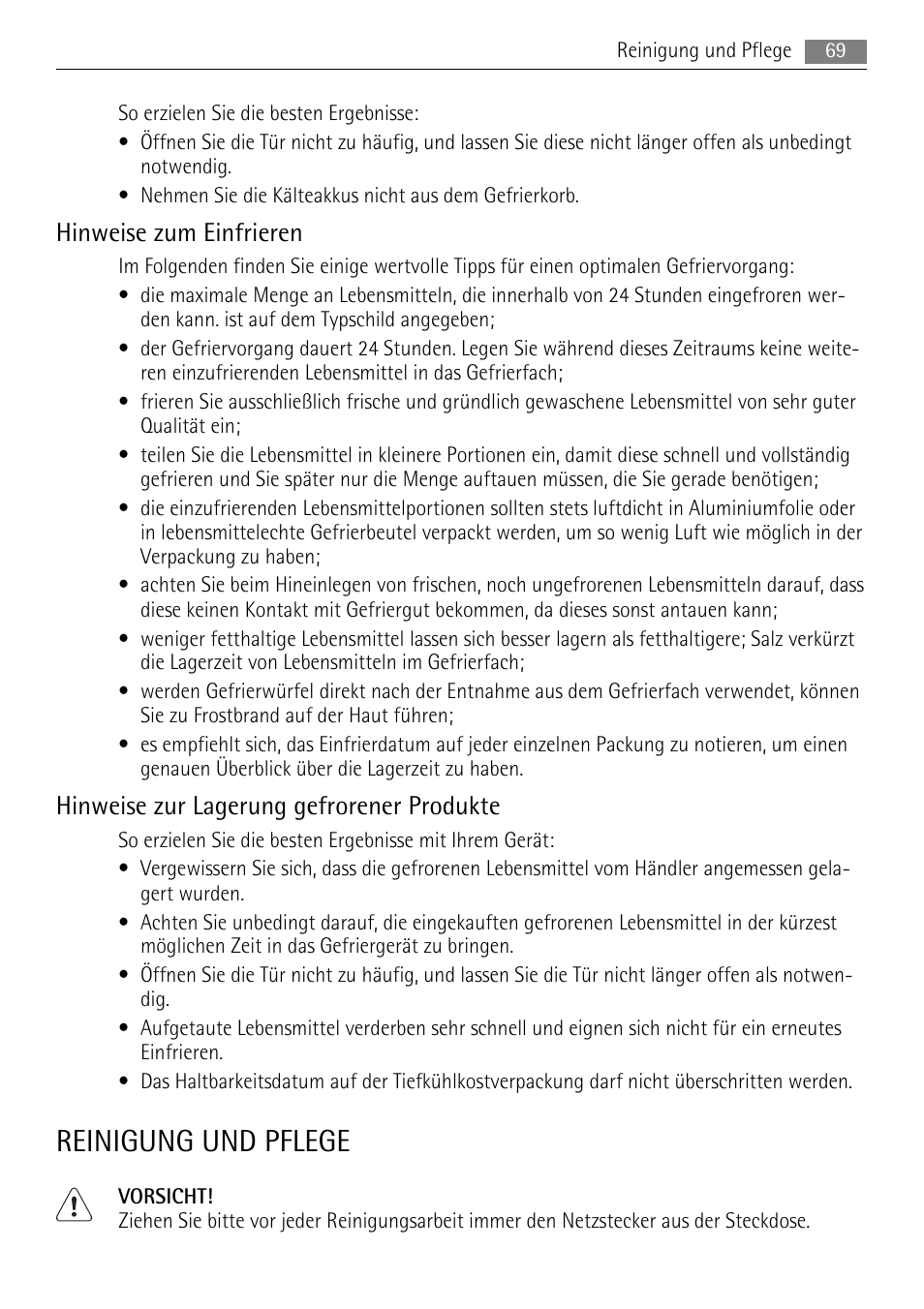 Reinigung und pflege, Hinweise zum einfrieren, Hinweise zur lagerung gefrorener produkte | AEG A72010GNW0 User Manual | Page 69 / 80