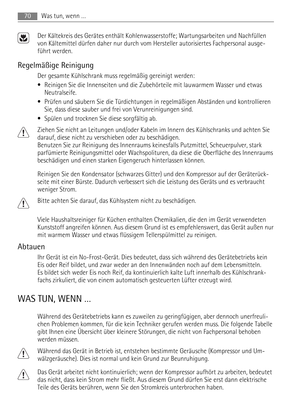 Was tun, wenn, Regelmäßige reinigung, Abtauen | AEG A72010GNW0 User Manual | Page 70 / 80