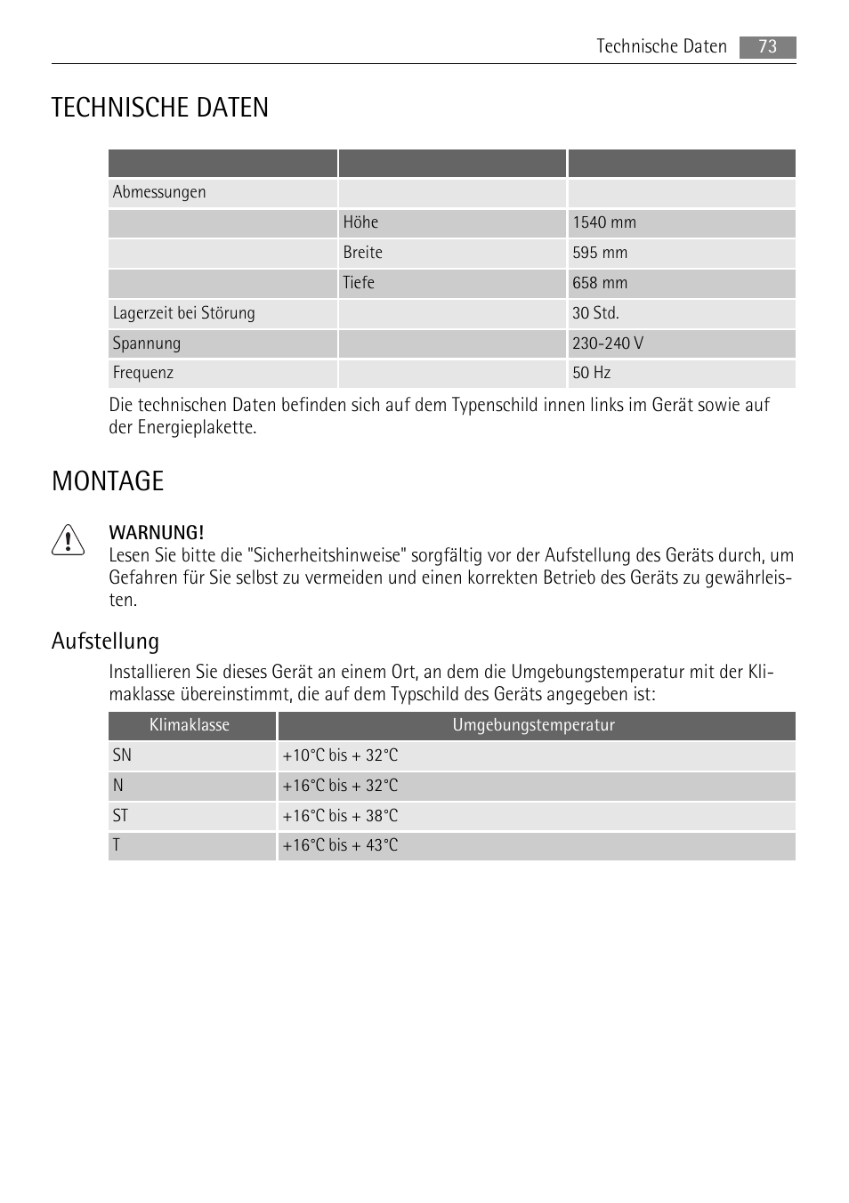 Technische daten, Montage, Aufstellung | AEG A72010GNW0 User Manual | Page 73 / 80