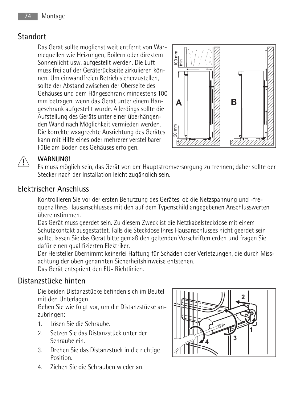 Standort, Elektrischer anschluss, Distanzstücke hinten | AEG A72010GNW0 User Manual | Page 74 / 80