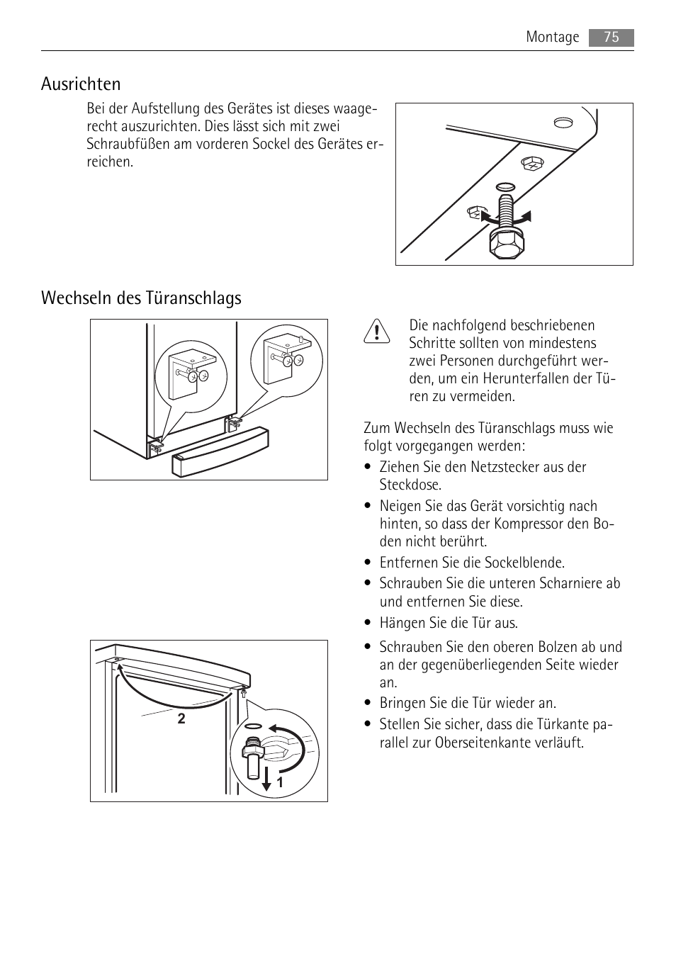 Ausrichten, Wechseln des türanschlags | AEG A72010GNW0 User Manual | Page 75 / 80