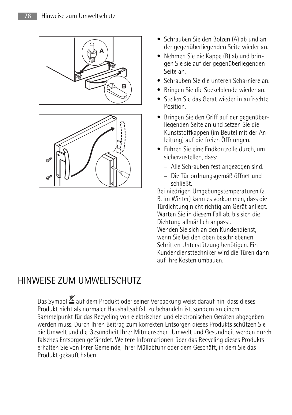 Hinweise zum umweltschutz | AEG A72010GNW0 User Manual | Page 76 / 80