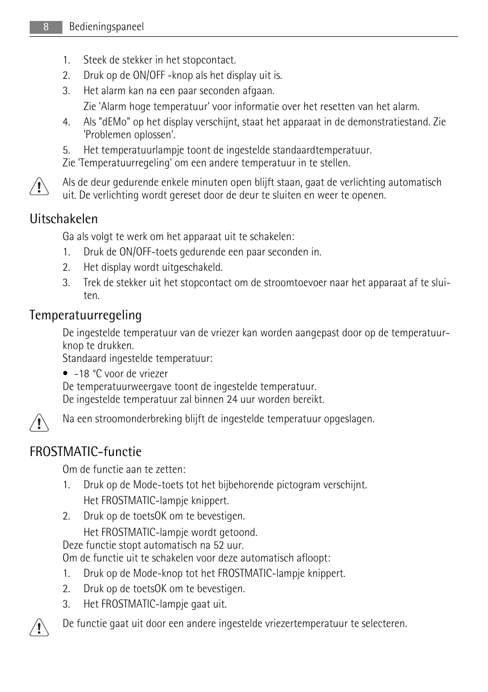 Uitschakelen, Temperatuurregeling, Frostmatic-functie | AEG A72010GNW0 User Manual | Page 8 / 80