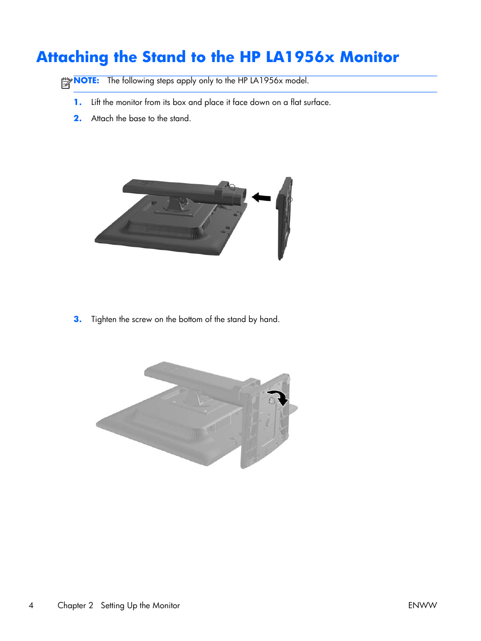 Attaching the stand to the hp la1956x monitor | HP Compaq LA2306x 23-inch LED Backlit LCD Monitor User Manual | Page 10 / 33