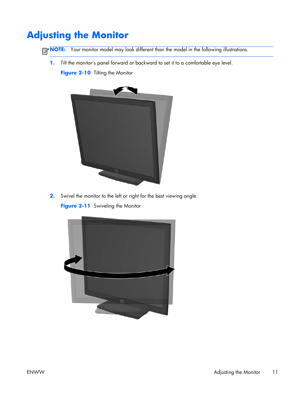 Adjusting the monitor, 3 in, Adjusting the | HP Compaq LA2306x 23-inch LED Backlit LCD Monitor User Manual | Page 17 / 33