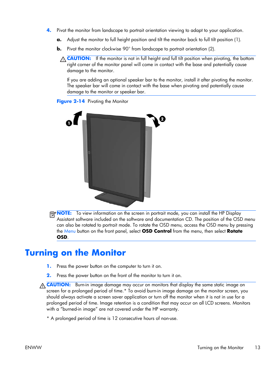 Turning on the monitor | HP Compaq LA2306x 23-inch LED Backlit LCD Monitor User Manual | Page 19 / 33