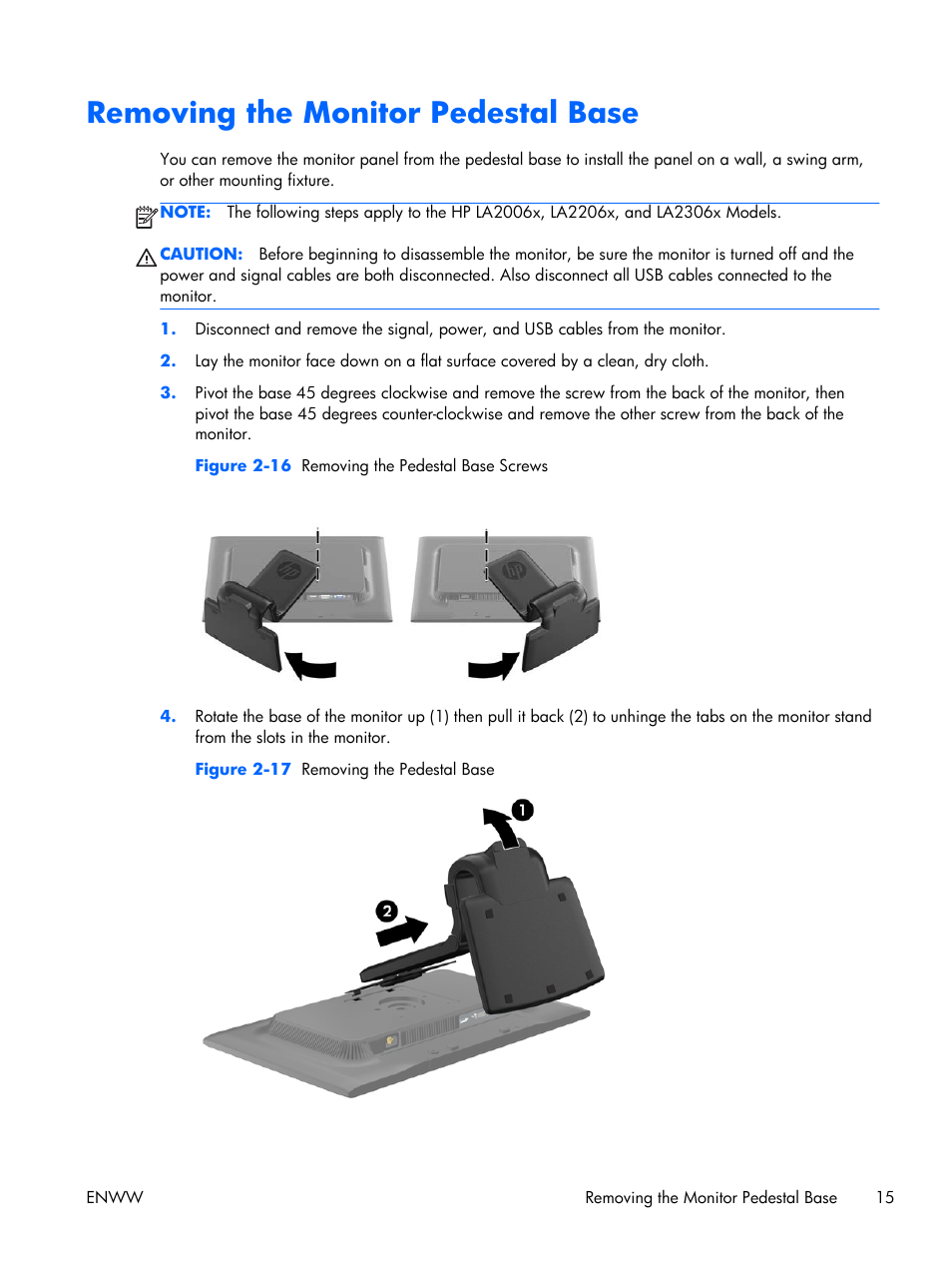 Removing the monitor pedestal base | HP Compaq LA2306x 23-inch LED Backlit LCD Monitor User Manual | Page 21 / 33