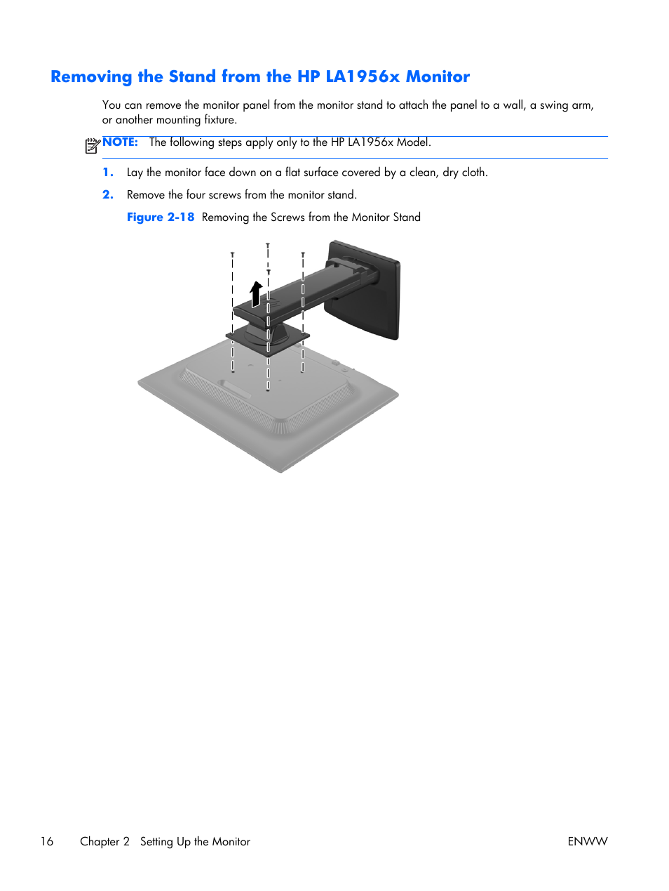 Removing the stand from the hp la1956x monitor | HP Compaq LA2306x 23-inch LED Backlit LCD Monitor User Manual | Page 22 / 33