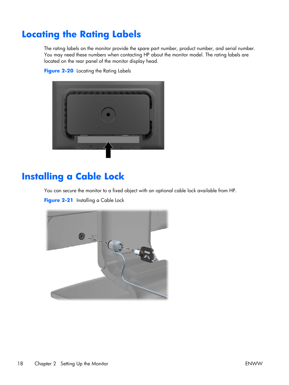 Locating the rating labels, Installing a cable lock, Locating the rating labels installing a cable lock | HP Compaq LA2306x 23-inch LED Backlit LCD Monitor User Manual | Page 24 / 33