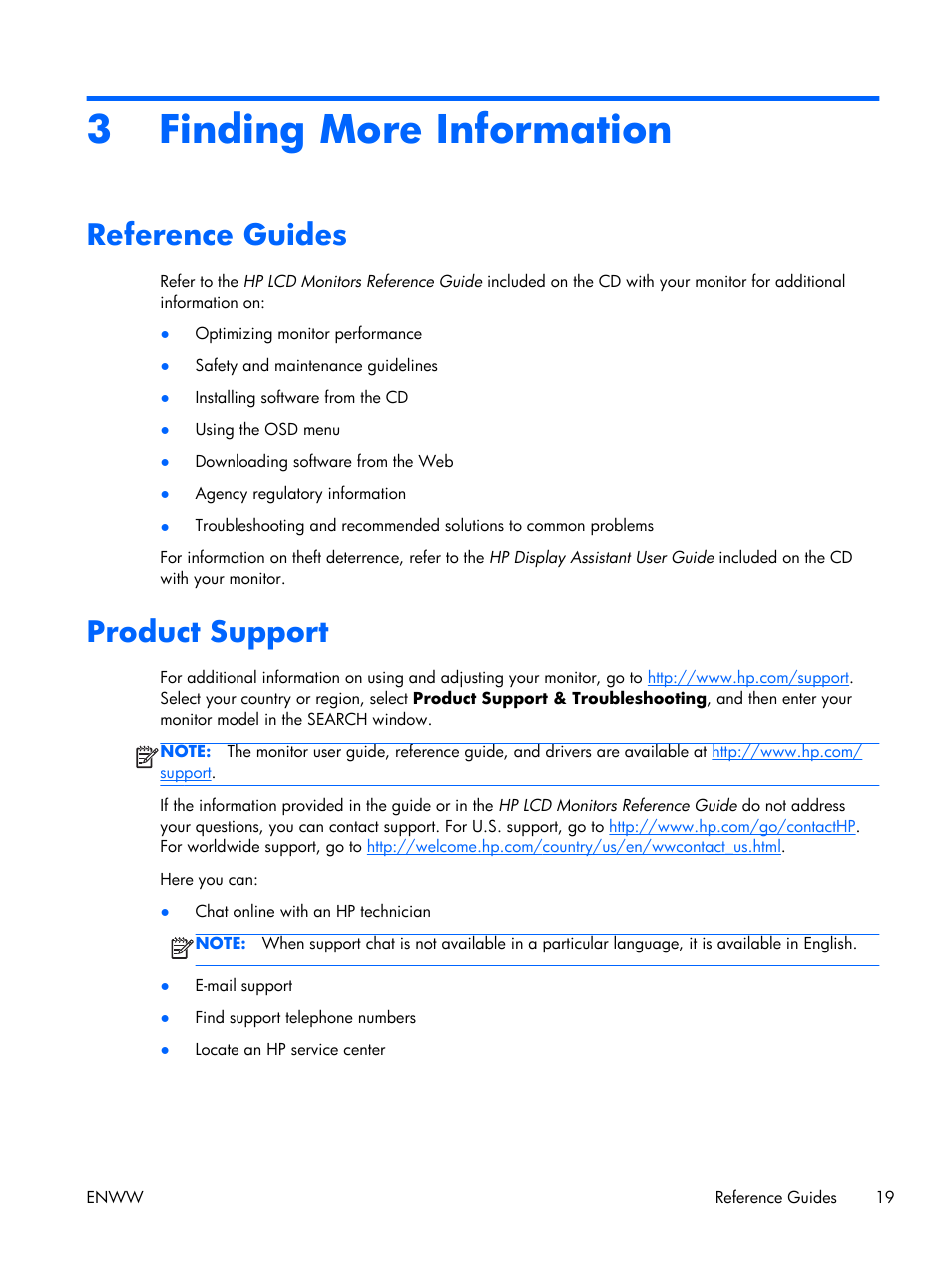 Finding more information, Reference guides, Product support | 3 finding more information, Reference guides product support | HP Compaq LA2306x 23-inch LED Backlit LCD Monitor User Manual | Page 25 / 33