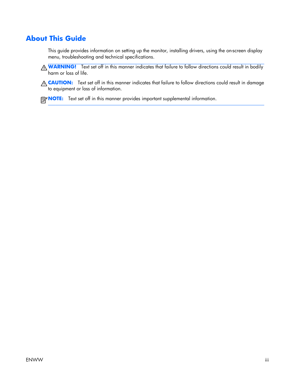 About this guide | HP Compaq LA2306x 23-inch LED Backlit LCD Monitor User Manual | Page 3 / 33