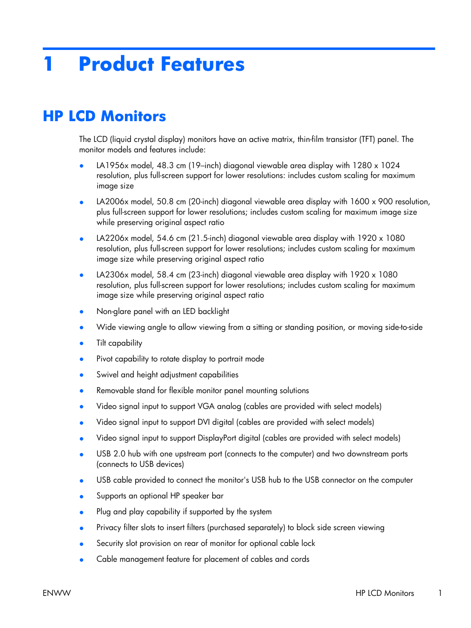 Product features, Hp lcd monitors, 1 product features | HP Compaq LA2306x 23-inch LED Backlit LCD Monitor User Manual | Page 7 / 33