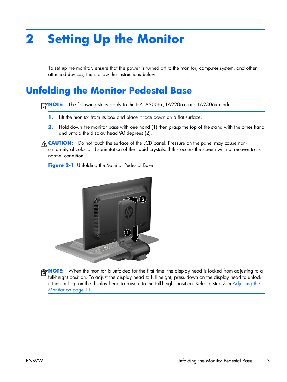 Setting up the monitor, Unfolding the monitor pedestal base, 2 setting up the monitor | HP Compaq LA2306x 23-inch LED Backlit LCD Monitor User Manual | Page 9 / 33