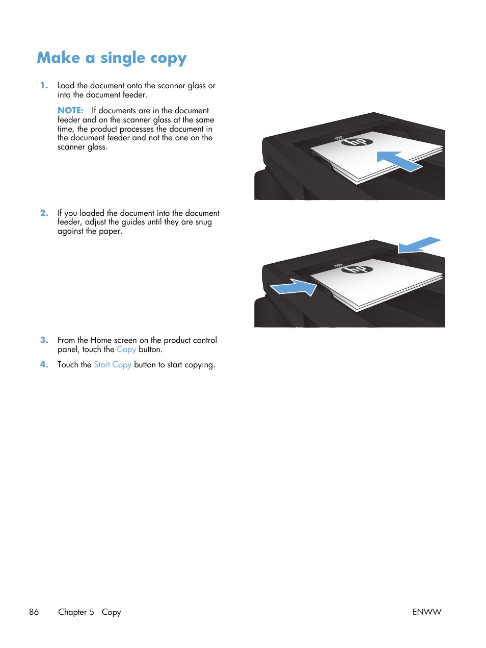 Make a single copy | HP LaserJet Pro M521 Multifunction Printer series User Manual | Page 100 / 256