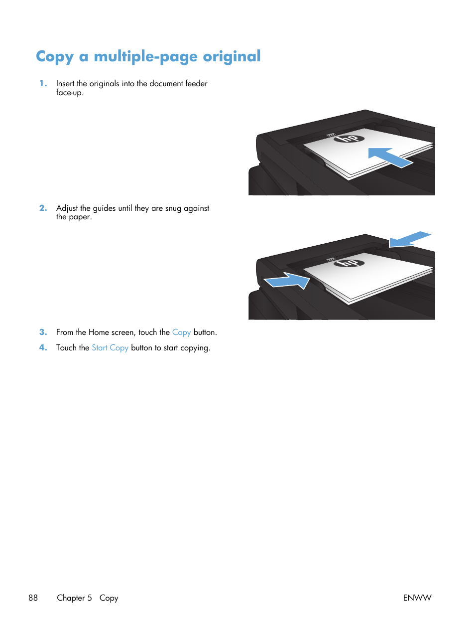 Copy a multiple-page original | HP LaserJet Pro M521 Multifunction Printer series User Manual | Page 102 / 256