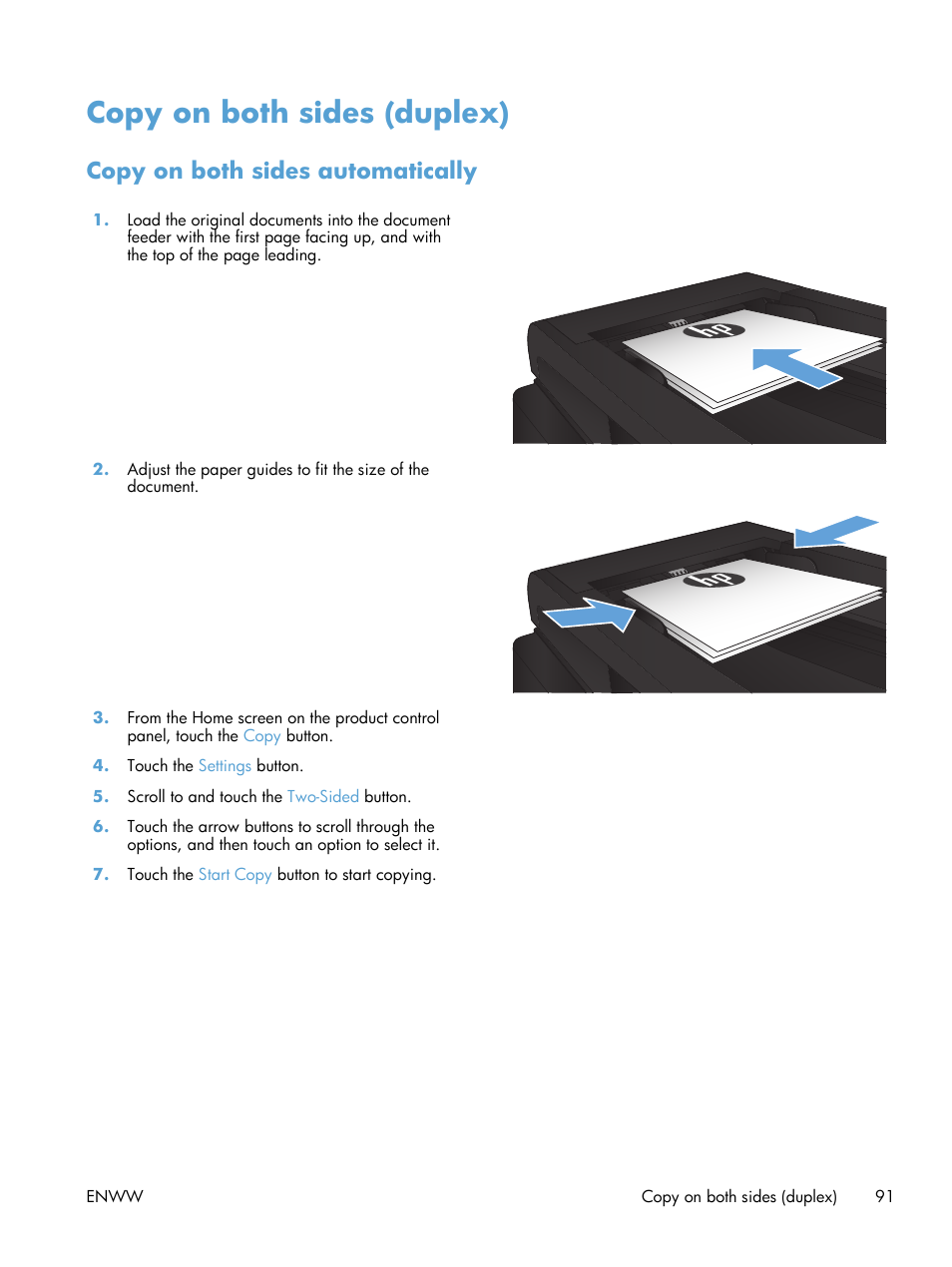 Copy on both sides (duplex), Copy on both sides automatically | HP LaserJet Pro M521 Multifunction Printer series User Manual | Page 105 / 256
