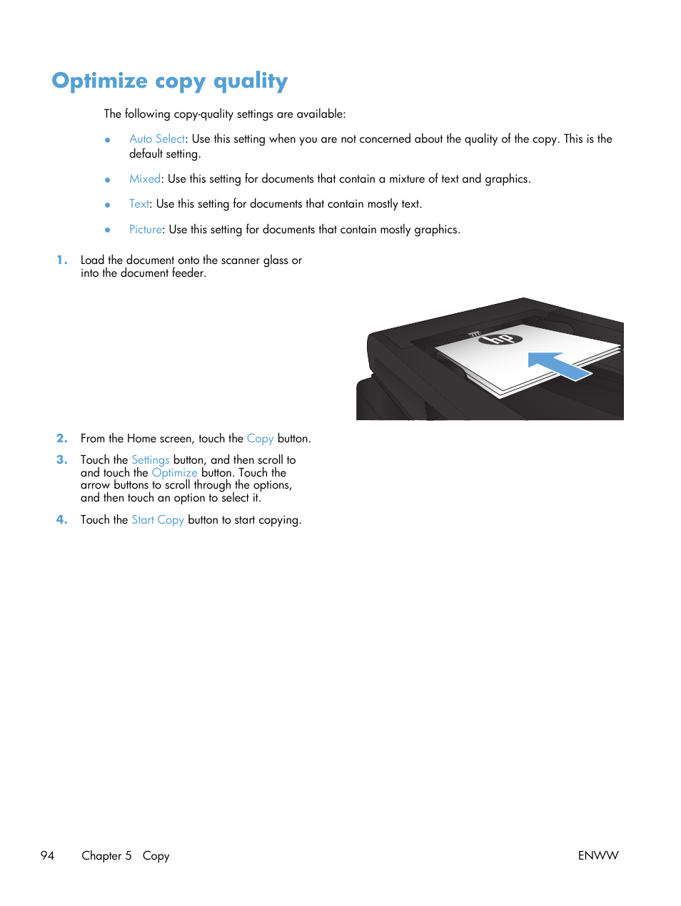 Optimize copy quality | HP LaserJet Pro M521 Multifunction Printer series User Manual | Page 108 / 256