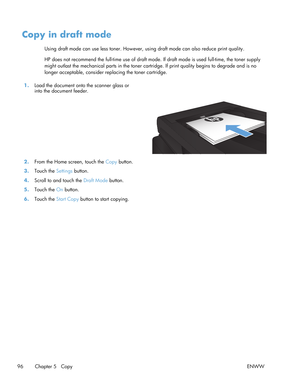 Copy in draft mode | HP LaserJet Pro M521 Multifunction Printer series User Manual | Page 110 / 256