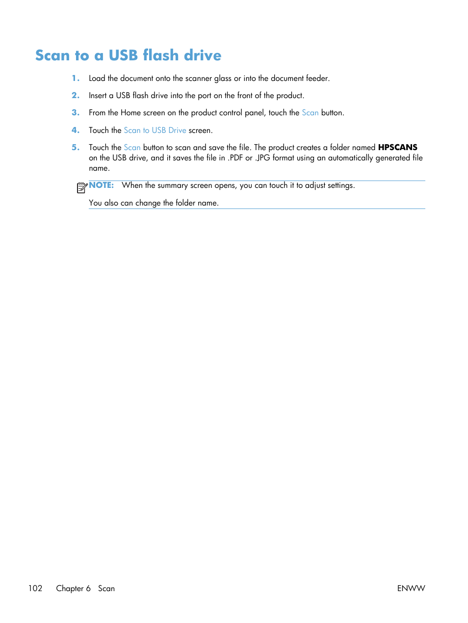 Scan to a usb flash drive | HP LaserJet Pro M521 Multifunction Printer series User Manual | Page 116 / 256