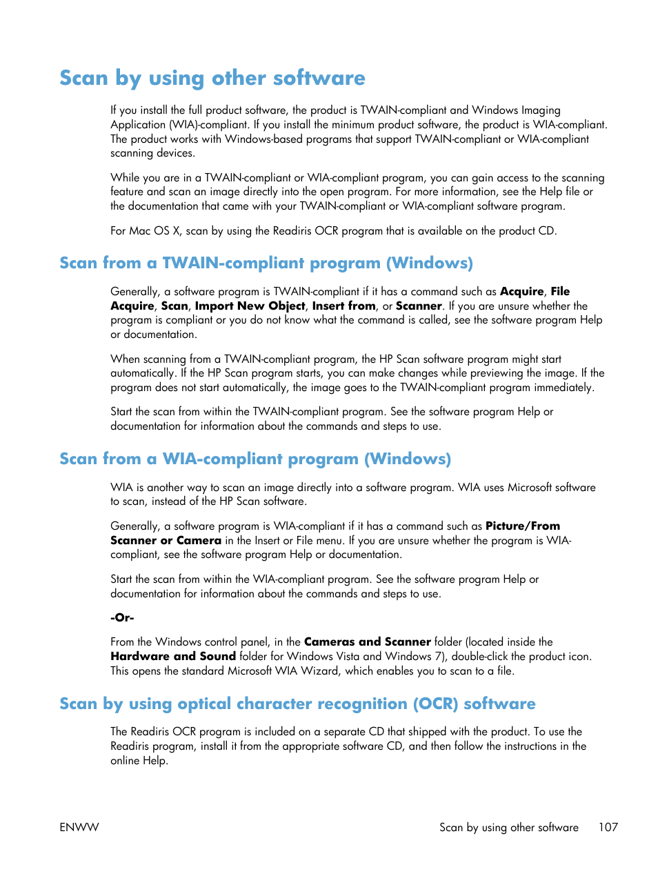 Scan by using other software, Scan from a twain-compliant program (windows), Scan from a wia-compliant program (windows) | HP LaserJet Pro M521 Multifunction Printer series User Manual | Page 121 / 256