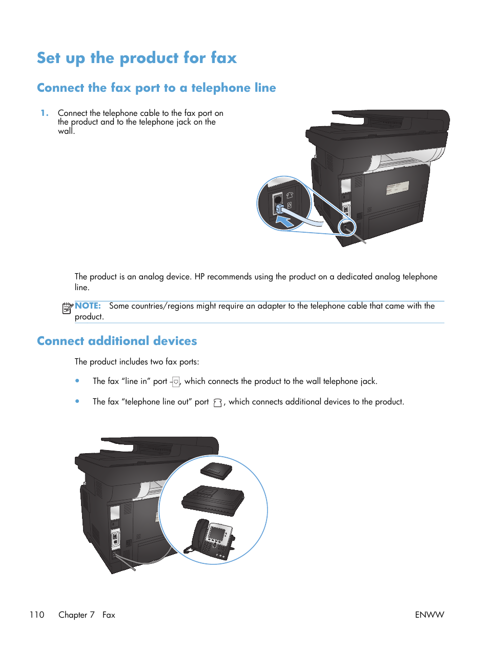 Set up the product for fax, Connect the fax port to a telephone line, Connect additional devices | HP LaserJet Pro M521 Multifunction Printer series User Manual | Page 124 / 256