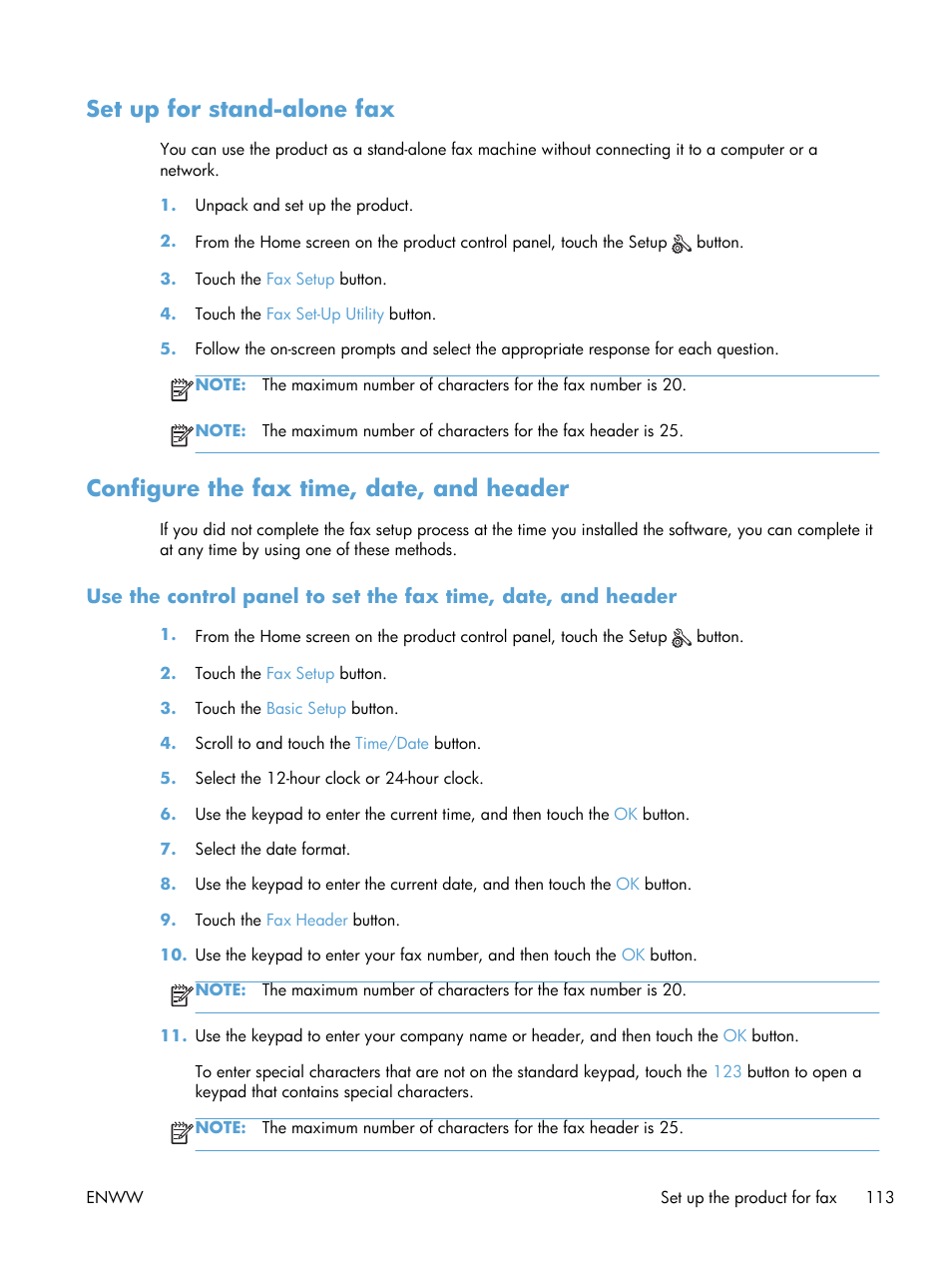 Set up for stand-alone fax, Configure the fax time, date, and header | HP LaserJet Pro M521 Multifunction Printer series User Manual | Page 127 / 256