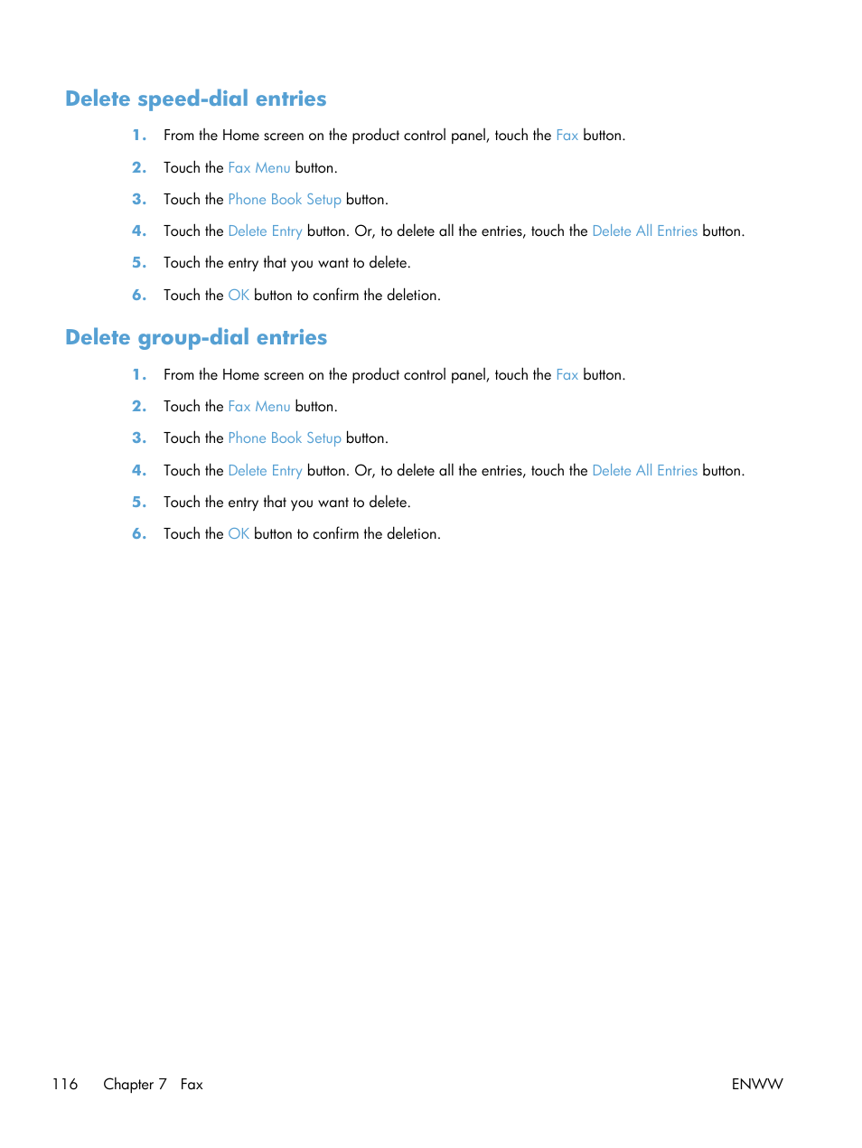 Delete speed-dial entries, Delete group-dial entries | HP LaserJet Pro M521 Multifunction Printer series User Manual | Page 130 / 256