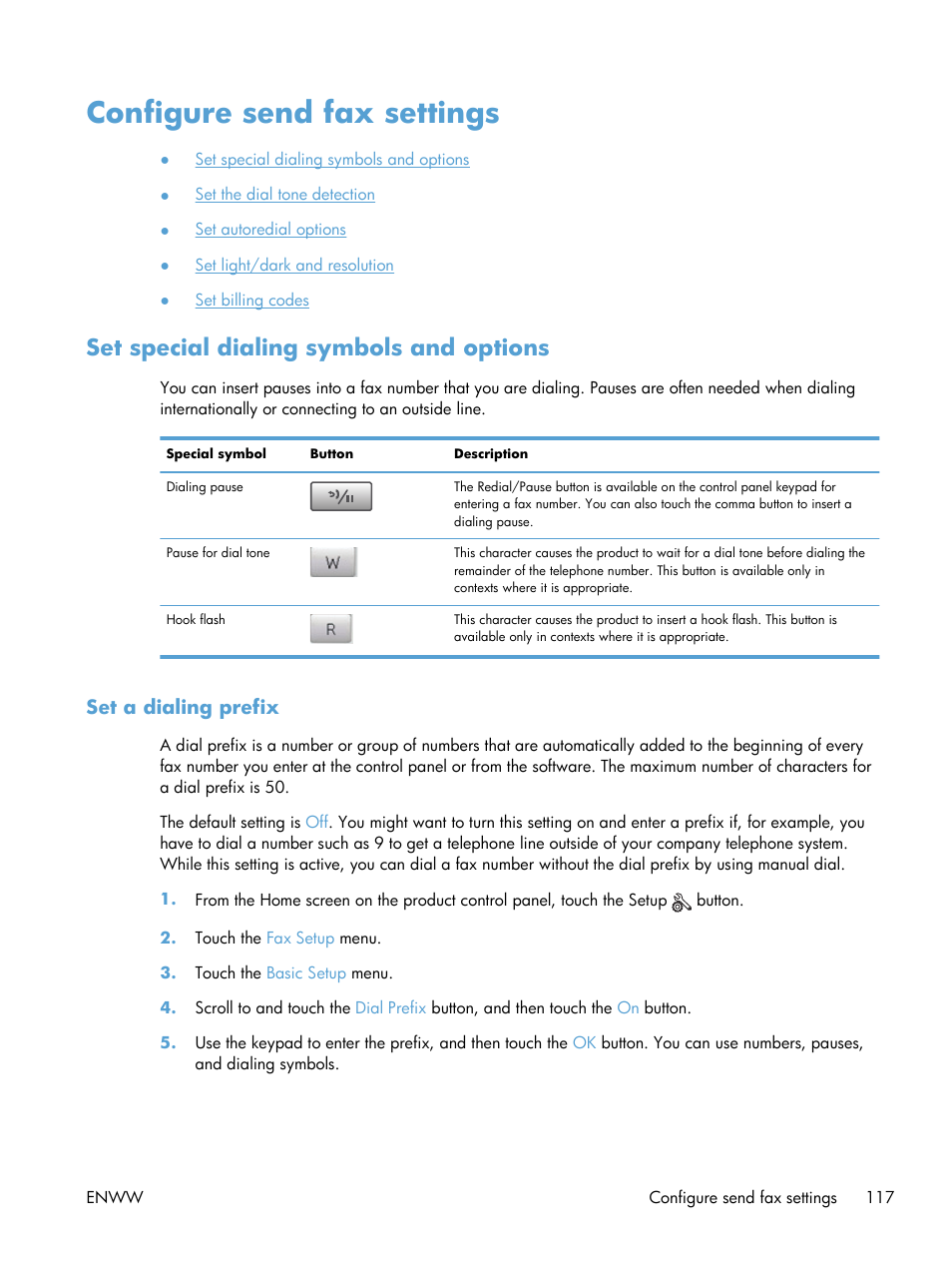 Configure send fax settings, Set special dialing symbols and options, Set a dialing prefix | HP LaserJet Pro M521 Multifunction Printer series User Manual | Page 131 / 256