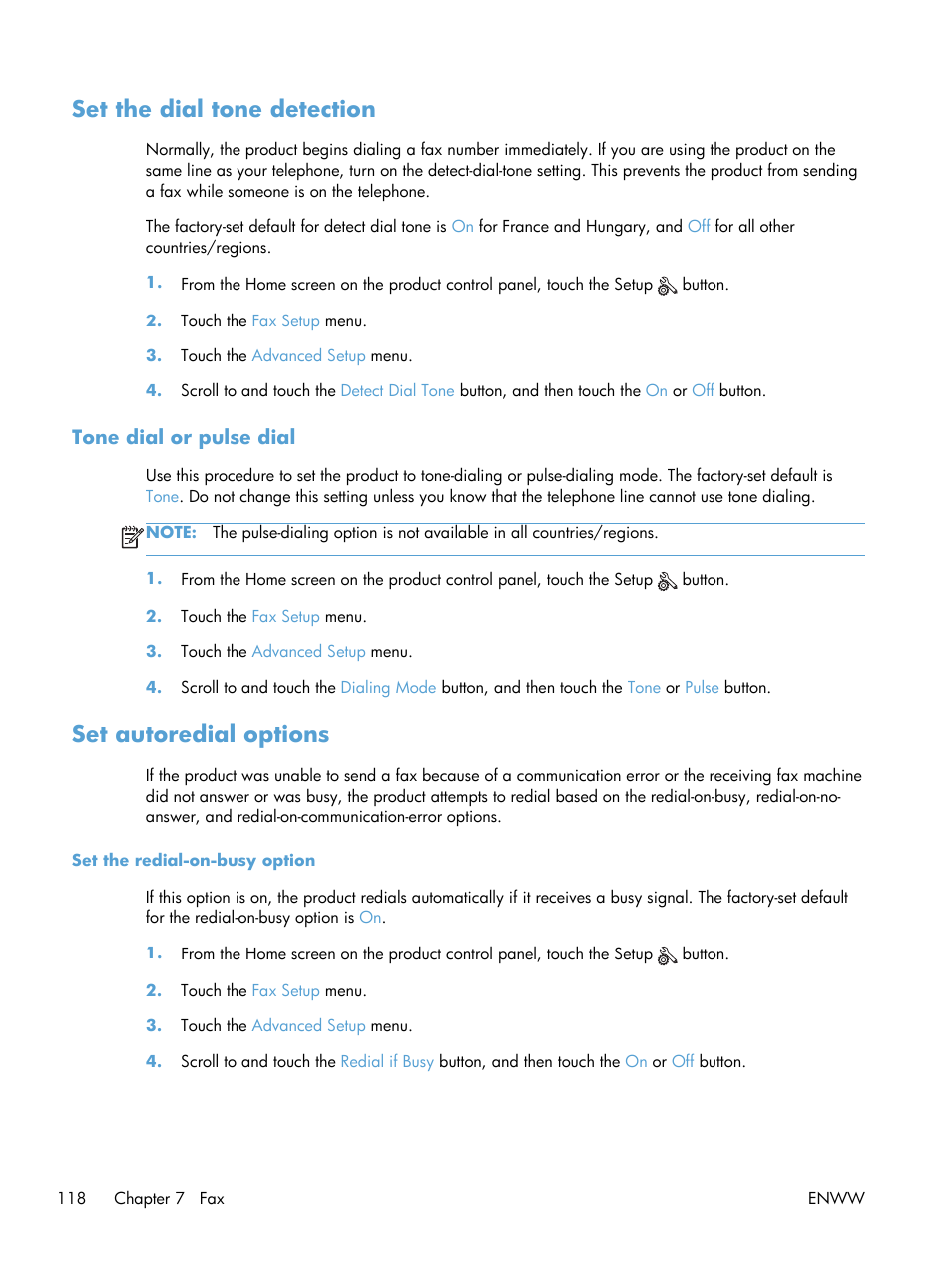 Set the dial tone detection, Tone dial or pulse dial, Set autoredial options | HP LaserJet Pro M521 Multifunction Printer series User Manual | Page 132 / 256