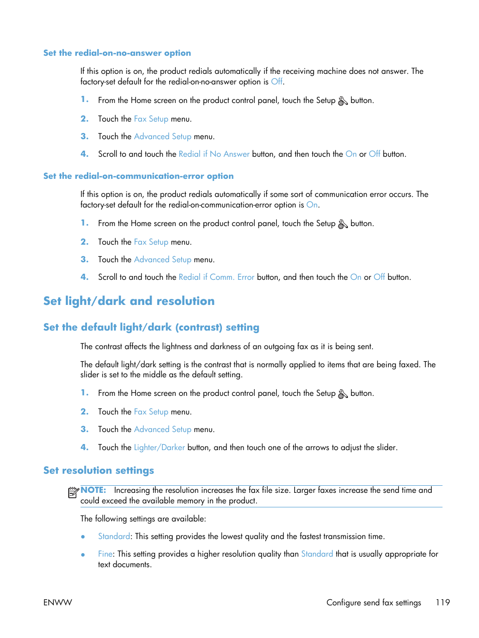 Set light/dark and resolution, Set the default light/dark (contrast) setting, Set resolution settings | HP LaserJet Pro M521 Multifunction Printer series User Manual | Page 133 / 256