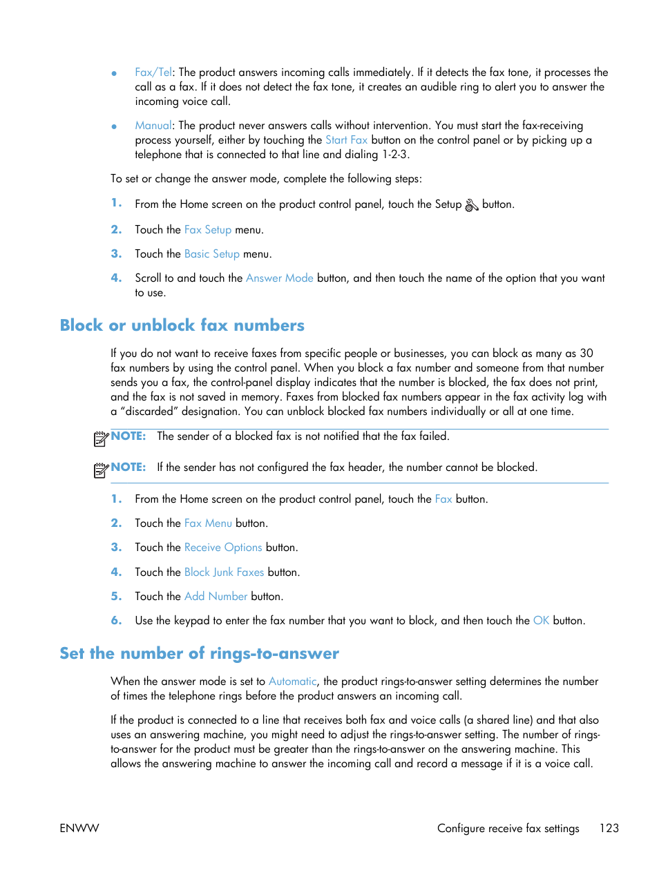 Block or unblock fax numbers, Set the number of rings-to-answer | HP LaserJet Pro M521 Multifunction Printer series User Manual | Page 137 / 256