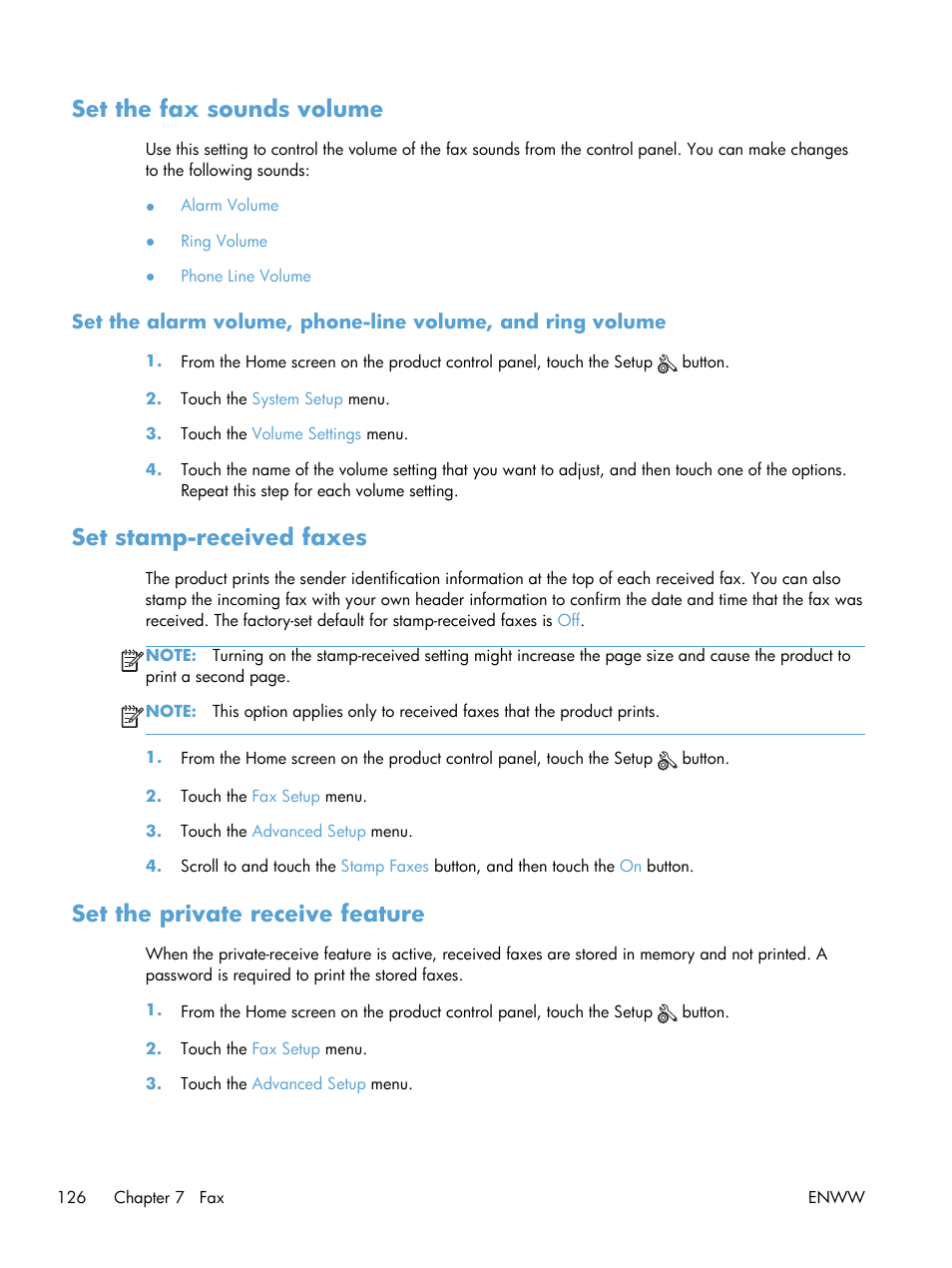 Set the fax sounds volume, Set stamp-received faxes, Set the private receive feature | HP LaserJet Pro M521 Multifunction Printer series User Manual | Page 140 / 256