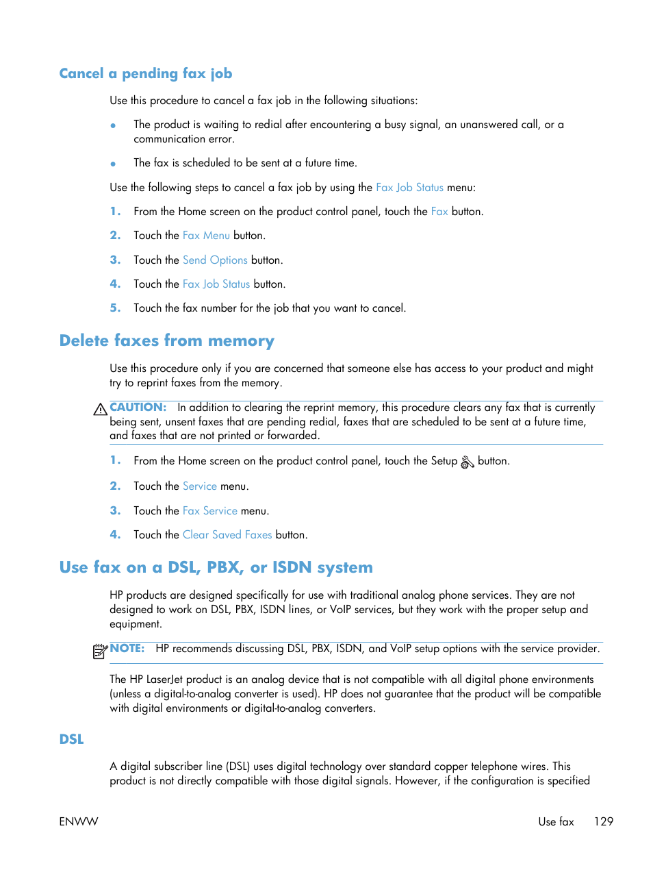 Cancel a pending fax job, Delete faxes from memory, Use fax on a dsl, pbx, or isdn system | HP LaserJet Pro M521 Multifunction Printer series User Manual | Page 143 / 256