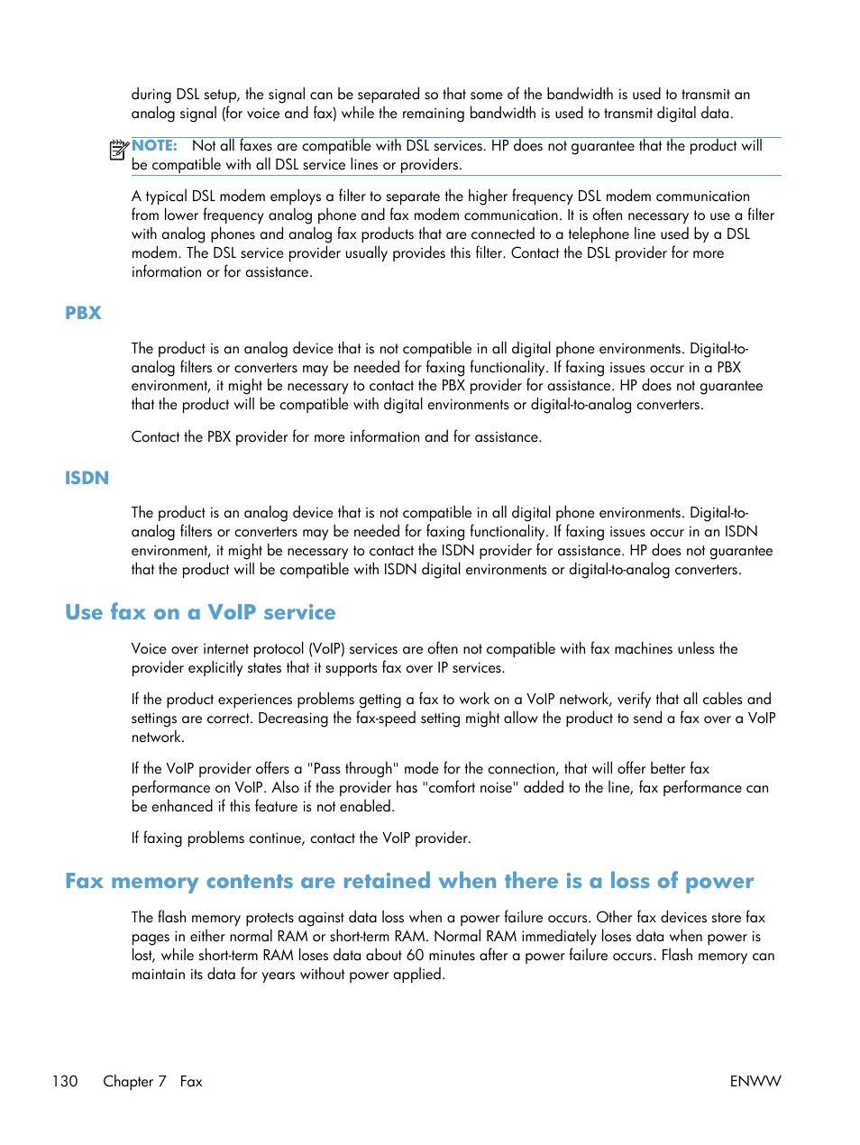 Isdn, Use fax on a voip service, Pbx isdn | HP LaserJet Pro M521 Multifunction Printer series User Manual | Page 144 / 256