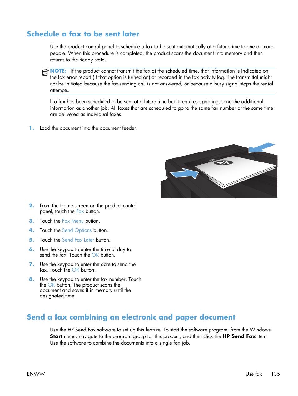 Schedule a fax to be sent later | HP LaserJet Pro M521 Multifunction Printer series User Manual | Page 149 / 256