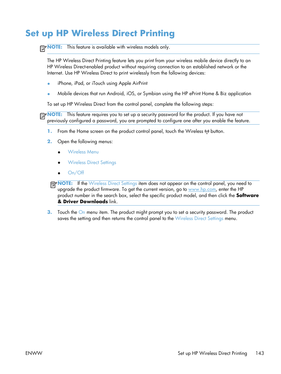 Set up hp wireless direct printing | HP LaserJet Pro M521 Multifunction Printer series User Manual | Page 157 / 256