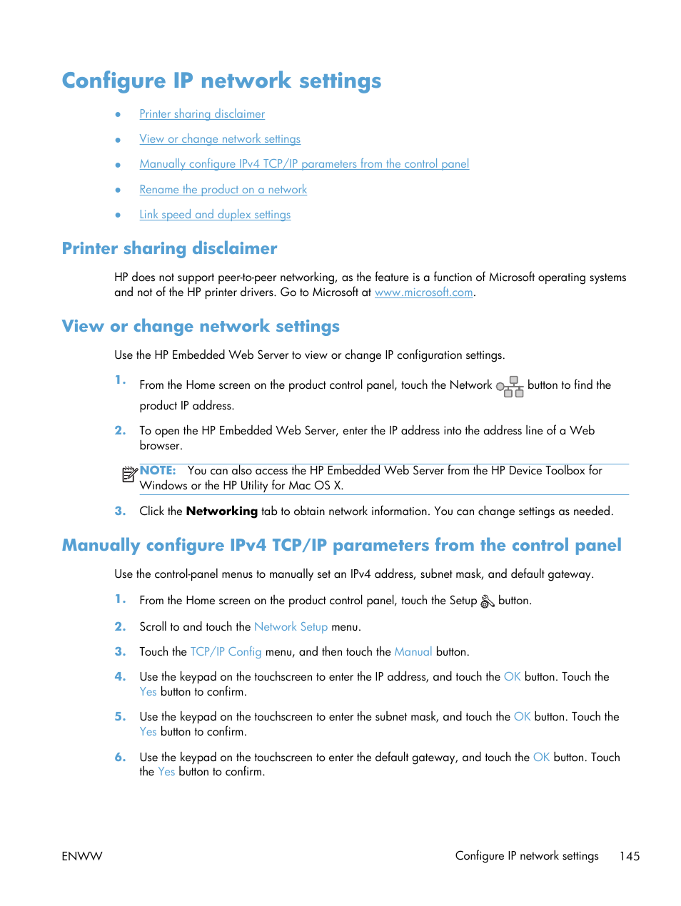 Configure ip network settings, Printer sharing disclaimer, View or change network settings | HP LaserJet Pro M521 Multifunction Printer series User Manual | Page 159 / 256