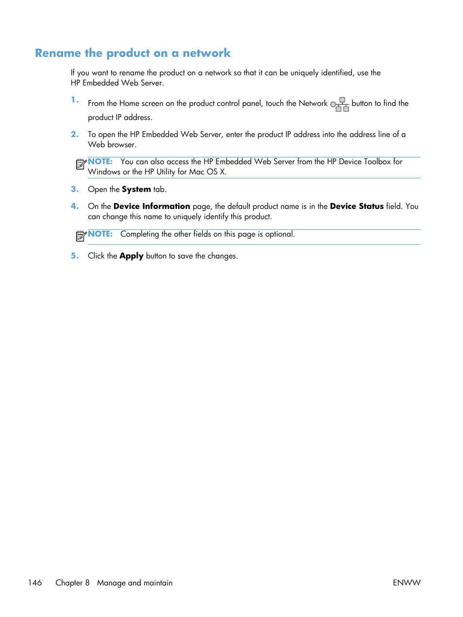 Rename the product on a network | HP LaserJet Pro M521 Multifunction Printer series User Manual | Page 160 / 256