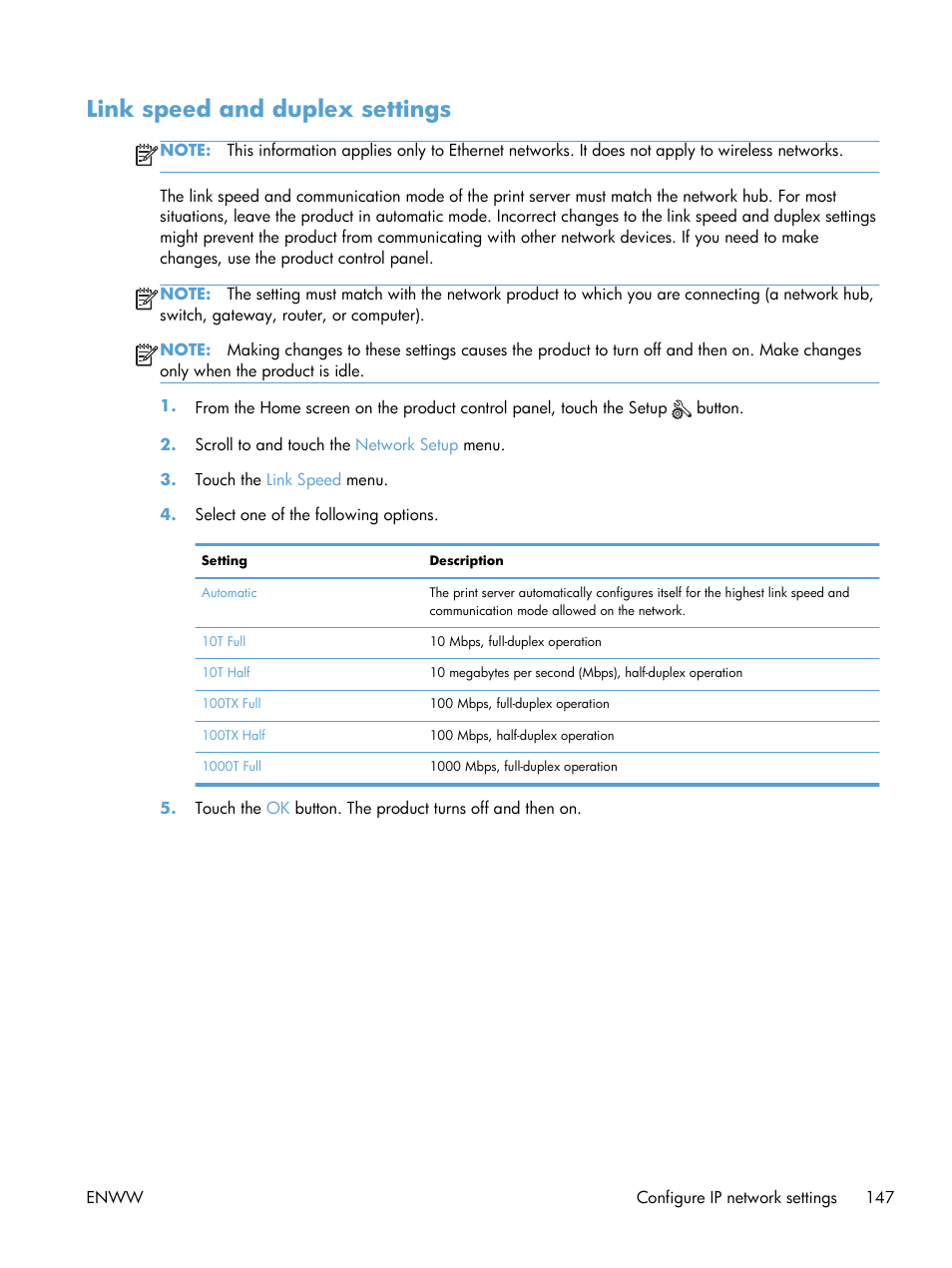 Link speed and duplex settings | HP LaserJet Pro M521 Multifunction Printer series User Manual | Page 161 / 256